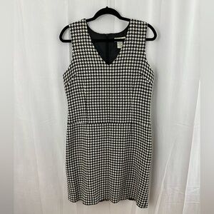 Eddie Bauer White & Black Houndstooth Wool V-Neck Sleeveless Dress Womens Size M